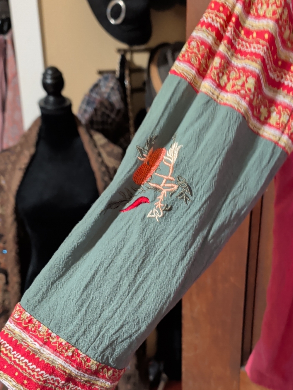 Cream Embroidered V-Neck Tunic with Coral & Blue Dragonfly - Picture 8 of 8